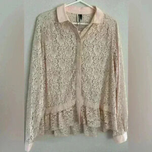 Top Shop pink lace collared button down long sleeve top size 10 NWT